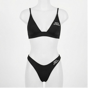 North Approach Ensemble de bikini noir pour femme, haut triangle à col en V profond, bas string, maillot de bain imprimé uni, 2 pièces, coupe extensible - Product Image 1