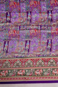 Tissu jacquard en viscose pure, violet lavande, imprimé ethnique avec motif de paysage et bordure éléphant, pour la confection de robes Kurti de créateur - Product Image 3