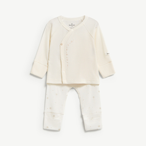 Ensemble 2 pièces unisexe pour bébé en Lyocell Spandex côtelé à manches longues avec boutons-pression, barboteuse à pieds pour nouveau-né, ODM Vietnam - Product Image 1