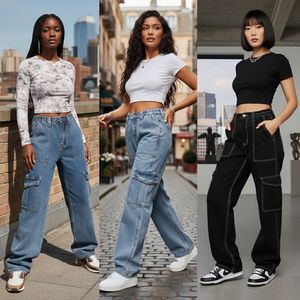 Jeans cargo en denim taille mi-haute pour femme, coupe droite, style streetwear, baggy, fabriqués au Bangladesh - Product Image 3