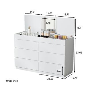 Commode à 6 tiroirs avec miroir, blanc, en panneaux de particules P2 gaufrés, 120x40x85,5 cm, finition placage mélaminé - Product Image 3