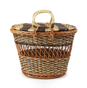 Luxury Dark Brown Round Rattan Storage <b>Basket</b> Woven Lid Curved Handle Eco-Friendly Hanging Design for Hotels Wholesale Available - Product Image 2