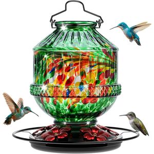Comedero para Colibríes de Vidrio Soplado a Mano de 25 Onzas, Percha para Néctar de Aves Silvestres para Exteriores, 5 Orificios para Flores, Resistente a Fugas, Accesorio para Observación de Aves - Product Image 1