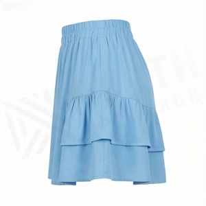 Mini-jupe trapèze bleu clair pour femme, taille élastique, volants en mousseline, style doux, tenue décontractée d'été - Product Image 3