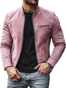 <b>Men's</b> Pink <b>Suede</b> Moto <b>Jacket</b> Stand Collar Zipper Closure Slim Fit Autumn Wear - Product Image 5