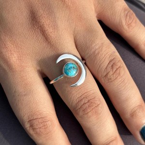 Sterling Silver Crescent Moon <b>Turquoise</b> <b>Ring</b> Boho Statement Gemstone Jewelry for Women Gift - Product Image 1