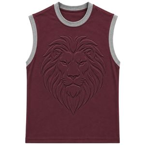Débardeur sans manches marron et gris avec motif tête de lion en relief, gilet en coton personnalisé pour homme, col rond, mode streetwear de luxe - Product Image 1