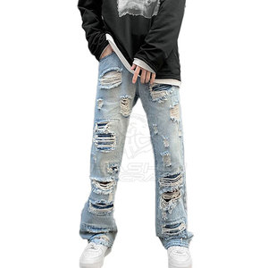 Premium Quality Slim Straight Fit Distressed <b>Jeans</b> <b>Soft</b> Stretch Fabric Washed Finish Casual Modern Style Pants - Product Image 3