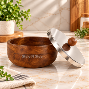 Bol rond en bois avec couvercle en acier inoxydable et bouton en bois, plat de service poli pour la cuisine et la salle à manger - Product Image 2