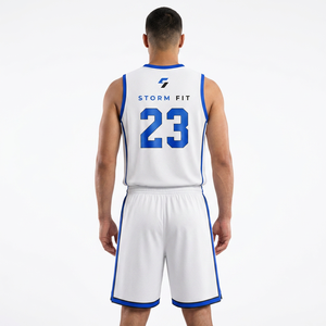 Conjunto de Uniforme de Baloncesto para Hombre Storm Fit, Blanco y Azul, Estampado Sublimado, Sin Mangas, Cuello en V, Jersey Deportivo Transpirable - Product Image 2