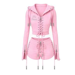 Men's Hooded <b>Crop</b> <b>Top</b> & Shorts Set Lace-Up <b>Rhinestone</b> Heart Design Winter Knitted Polyester Street Style - Product Image 5