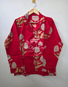 Premium Cotton Red Block Printed Pajama Set for Women Summer Autumn Spring Breathable Quick-Dry Elegant Luxury Full-Sleeve - Product Image 3