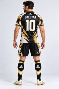 Conjunto de Uniforme de Fútbol para Hombre Salstar, Camiseta Negra con Estampado Geométrico Amarillo Sublimado, Manga Corta, Tejido Transpirable de Secado Rápido - Product Image 4