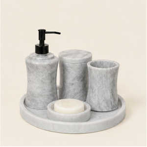 Ensemble d'accessoires de salle de bain en marbre gris naturel de luxe, ensemble de bain en pierre fait main avec distributeur de savon, plateau et porte-brosse à dents - Product Image 3