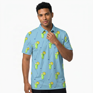 Camisa Azul Claro para Hombre con Estampado de Bebida Verde, Manga Corta, Informal, de Punto, Poliéster Transpirable, Antiarrugas, de Secado Rápido, ODM - Product Image 2