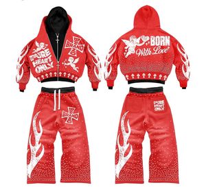 Conjunto de Sudadera con Capucha y Pantalones Acampanados para Hombre, Personalizado, de Alto Gramaje, Estilo Distressed, Corte Holgado, con Estampado Completo, Pedrería y Lavado Ácido - Product Image 5
