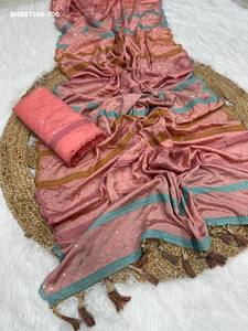 Colección Premium de Saree de Seda Chinon Pesada con Bordado de Lentejuelas e Hilo Resham y Blusa de Seda Banglori Mono, Proveedor Indio - Product Image 5