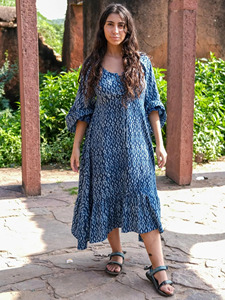 Indigo Hand-Block Printed Cotton <b>Maxi</b> Dress with Flare Bell Sleeves Casual Bohemian Summer Long One Piece Gown for Women - Product Image 3