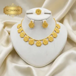 New African Wedding 18K Gold Plated Brass Floral Jewelry Set | Dubai Style Necklace Earrings Ring for Women - Product Image 6