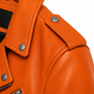 Blouson Moto Homme en Cuir PU Orange Coupe Slim Col Montant Fermeture Éclair Manches Classiques Style Hiver Logo Frontal Tendance Urbaine - Product Image 4