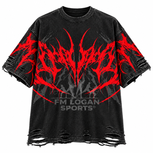 เสื้อยืดกราฟิกทรงปกติแบบดิสเทรส 100% ผ้าฝ้าย สตรีทแวร์ สีแดงล้วน ชายเสื้อฉีกขาด เป็นมิตรกับสิ่งแวดล้อม ระบายอากาศได้ดี แห้งเร็ว - Product Image 1