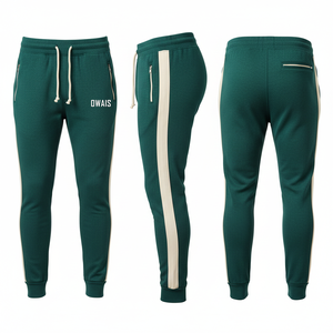 Pantalon de jogging décontracté pour homme en coton vert avec taille élastique et cordon de serrage, à rayures latérales, idéal pour l'automne - Product Image 1