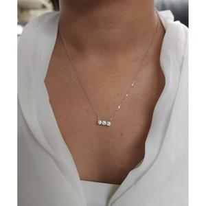 Round Cut Diamond Three Stone Bar <b>Pendant</b> Necklace <b>Solid</b> White <b>Gold</b> Prong Setting Horizontal Triple Cluster Linked Chain - Product Image 2