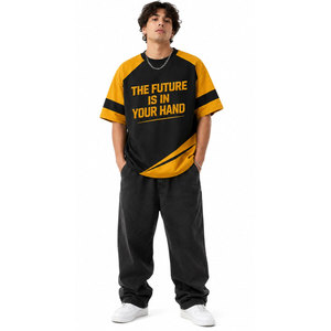 <b>Men's</b> Black Yellow Raglan Sleeve T-<b>Shirt</b> Oversized Casual O-Neck Printed Letter Design Contrast Trim Knitted Embossed T-<b>Shirt</b> - Product Image 2