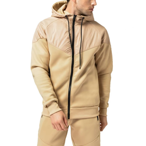 Ensemble de survêtement beige à capuche pour homme, couleur unie, fermeture éclair intégrale, sweat-shirt et pantalon décontractés, respirant, coupe régulière, pour l'automne - Product Image 2