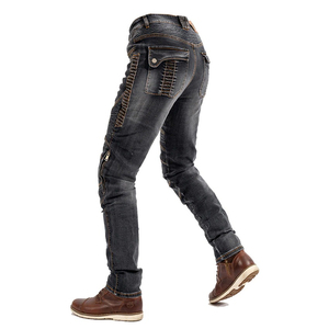 Men's Dark Wash Denim Motorcycle Kevlar Jeans With Protective <b>Patches</b> And <b>Slim</b> Fit Design For Biker Riding And Daily Wear - Product Image 3