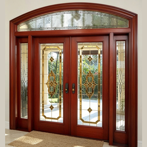 Puerta de madera residencial personalizada de doble entrada con paneles de vidrio tintado y travesaño arqueado para uso exterior GA-52 - Product Image 1