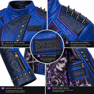 Royal Blue <b>Women</b> Genuine Leather Biker Jacket Custom Asymmetric <b>Wrap</b> Studded Photographer Graphic <b>Coat</b> OEM Factory Service - Product Image 6