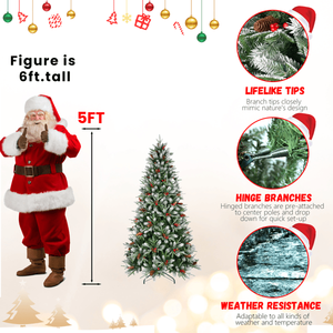 Premium 5ft Artificial Christmas <b>Tree</b> with 1113PE/PVC Mixed <b>Branch</b> Tips Red Fruit Pine Cone Hinged Foldable Base - Product Image 2