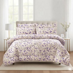 Purple Floral <b>Comforter</b> <b>Set</b> Purple White 100% Cotton T-150 All-Season Breathable Home Use - Product Image 1
