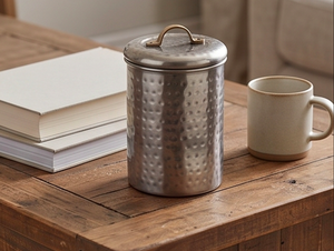 Hammered Metal Food Container With <b>Lid</b> Round Industrial Design Handcrafted Storage <b>Bin</b> For Kitchen Use And Home Use - Product Image 2