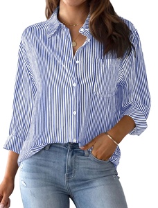 Womens 100% Polyester Woven Button Shirt <b>Long</b> Sleeve Striped Eco-Friendly Office Blouse Professional Work Classic Collared <b>Top</b> - Product Image 4