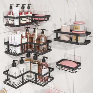 Mensola angolare da doccia a parete senza foratura, nera, per bagno - Product Image 1