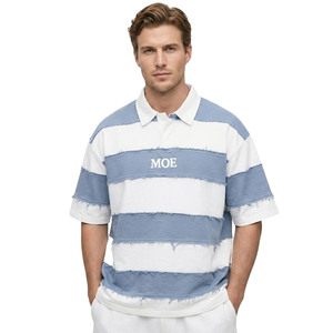 Men's shirts Distressed Short Sleeve Rugby Polo Blue White Striped Deconstructed Streetwear Oversized <b>Hip</b> Hop Summer T-shirt OEM - Product Image 1