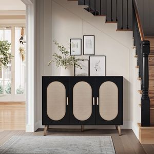 Meuble à chaussures vertical moderne 3 portes en panneaux de particules et rotin plastique, cadre noir, surface en rotin bois naturel, pieds hauts dorés - Product Image 6