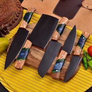 Ensemble de couteaux de chef en acier carbone faits à la main, 5 pièces, avec lames droites, manches en bois de rose et résine, design ambidextre, sac en cuir - Product Image 5
