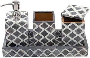 ILAHI's Black White Quatrefoil Three-piece Portable Modern Rectangle Bathroom Accessory <b>Set</b> Horn Bone Tissue Box <b>Soap</b> Dispenser - Product Image 1