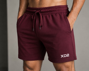 Shorts de sport décontractés pour hommes XD2, couleur bordeaux, taille mi-haute, tricotés, avec logo frontal, respirants, avec cordon de serrage et poches - Product Image 5