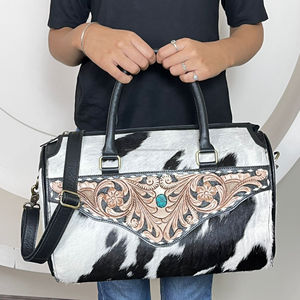 Large Handmade Western <b>Tooled</b> <b>Leather</b> Cowhide Speedy Bag Floral Carved with Turquoise Stone Cowgirl Travel Duffel Overnight Bags - Product Image 4