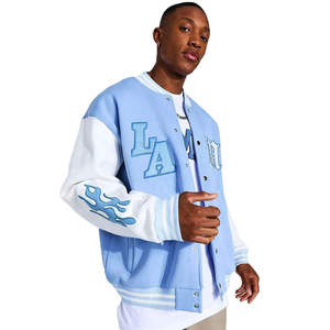 Chaqueta Varsity Personalizada Azul y Blanca con Cuello Alto, Logotipo Bordado en la Parte Delantera, Corte Ajustado, Estilo Béisbol, Cálida para Invierno - Product Image 1