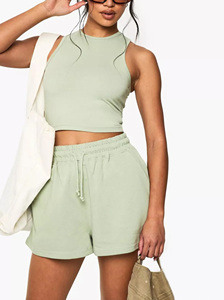 Conjunto de Dos Piezas para Mujer, Color Verde Claro, Manga Corta, Cuello en V, Corte Regular, Tejido de Punto para Otoño, Poliéster y Algodón Transpirable, Color Sólido - Product Image 3