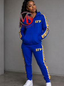 Conjunto Deportivo Azul con Capucha para Mujer, con Estampado de Cinta Amarilla Sigma Gamma Rho, Sudadera con Cremallera Completa y Pantalones Bordados - Product Image 1