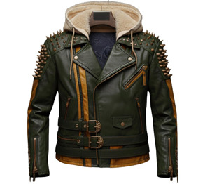 Men <b>Punk</b> Biker <b>jacket</b> Hooded Leather Coat Studded Zipper Waist Belt Outerwear <b>Jacket</b> Spike Cowhide Leather <b>Jacket</b> - Product Image 4