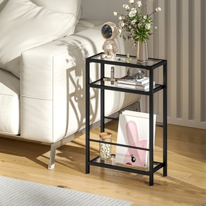 Mesa Auxiliar de Vidrio de 3 Niveles Premium, Estructura Metálica Negra Delgada, Revistero, Mesa Auxiliar Estrecha para Sofá, Sala de Estar - Product Image 3