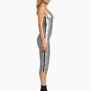 Silver PU Bodycon <b>Midi</b> <b>Dress</b> <b>Spaghetti</b> <b>Strap</b> Fitted Sexy Party Wear Solid Color Zippers Detail - Product Image 2