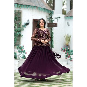 Chiffon <b>Top</b> and Lehenga Set for Party Wear <b>Sequins</b> and Embroidery Work Wine Color 100% Polyester Livewear Elegant Glamorous Look - Product Image 6
